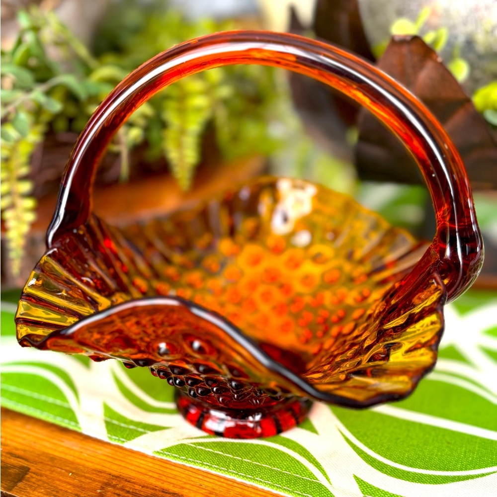 Fenton Vintage Hobnail Basket w/ Applied Handle, Honey Amber, 5.75x 6.5, EC